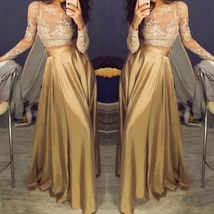 Wholesale beautiful golden dresses for sale - Group buy Beautiful Lace Long Sleeve Gold Two Piece Prom Dresses Satin Cheap Prom Gowns Sheer Golden Party Dress