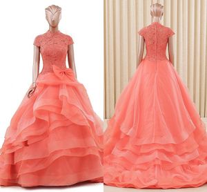 Coral High Neck Wedding Dresses Ball Gown Short Sleeves Lace Bow Ruffle Tulle Zipper Wedding Reception Bridal Gowns African Black Girls