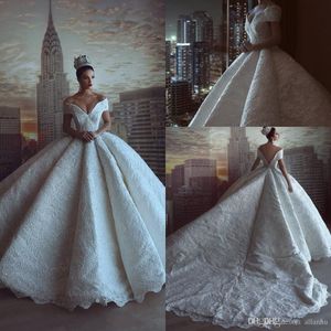 Luxury Amazing Royal Ball Gown Wedding Dresses Off the Shoulder Full Lace Appliques Sequins Beading Bridal Gowns Long Vestidos De Mariee