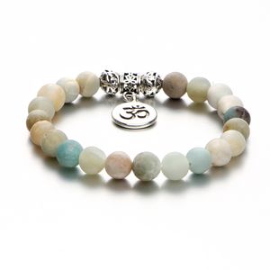 Wholesale- Amazonite Stone Strand Bracelet Yoga Chakra Mala Bracelet OM Lotus Women Men Beaded Charm Bracelet Handmade Jewelry