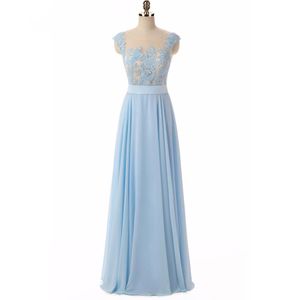 Girls Sky Blue Dresses Elegant Sexy Circular collar Appliques A Line Chiffon Long Party Formal Evening Dresses Gowns For Women Prom Dresses