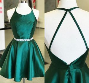 Simple Halter Short Cocktail Party Dresses Sash Open Back A-line Emerald Green Satin Short Prom Dress Graduation Dress 5th Grade Cheap