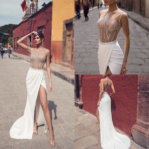 Vino Meerjungfrau Julie Kleider High Side Split Satin Perlen Brautkleider Bohemian Beach Maßgeschneidertes Hochzeitskleid