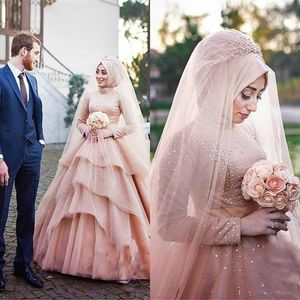 겸손 홍당무 핑크 이슬람 아랍어 웨딩 드레스 이슬람 높은 목 국어 구슬짜리 신부 가운 긴 소매 얇은 명주 그물 계층화 된 결혼식 피로연