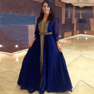 Royal Blue Arabic Perlen Abendkleider gegen Nacken Pailletten Langarmkleider Floor Länge Eine Linie Chiffon Kaftan Formales Kleid 415