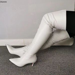 Rontic handgjorda kvinnor lår höga stövlar sexiga stilett 7,5cm klackar stövlar pekade tå eleganta vita skor kvinnor plus US storlek 5-15
