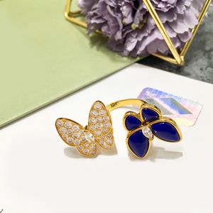 Vergoldeter Ringe Schmetterling großhandel-heiß Verkauf verkupfertem Goldschmuck Trifolium Lapis Diamant Doppel Schmetterling offener Ring mit Geschenk Box