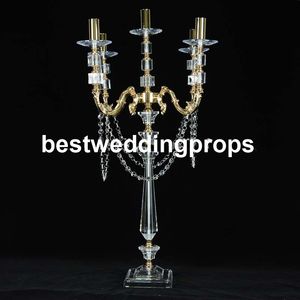 New style Gold 5 arms crystal / acrylic candle holders wedding table decoration candelabra / candelstick centerpiece best