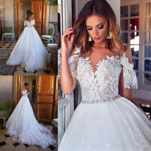 Abiti da sposa principessa Boho Illusion Corpetto Appliques in pizzo Una linea Country Abito da sposa Sexy Sheer Backless Sweep Train Abito da sposa economico