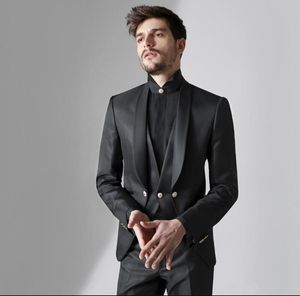 Latest Design One Button Black Wedding Men Suits Shawl Lapel Three Pieces Business Groom Tuxedos (Jacket+Pants+Vest+Tie) W1146