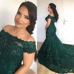 Sparkly African Dark Green Mermaid aftonklänningar från Shoulder Lace paljetter Corset Back Long Prom Celebrity Gowns