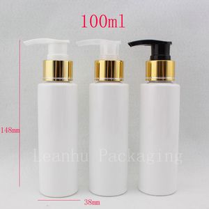 Bottiglia in PET per trucco in PET bianco da 100 ml con pompa per lozione dorata (bocca lunga). Spalla piatta, flacone cosmetico, per crema liquida e lozione