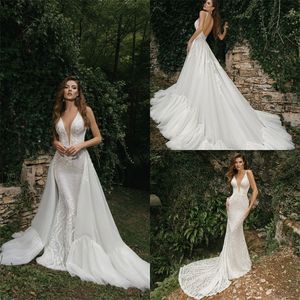 Sexy Mermaid Wedding Dresses With Detachable Train Spaghetti Strap Sleeveless Lace Appliqued Bridal Dress Backless Sweep Train Bridal Gown