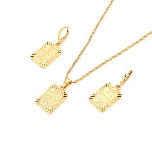 Solid fine gold GF Christian square cross Pendant drop Necklace chain Earrings sets Jewelry women girl Jesus Items Gifts