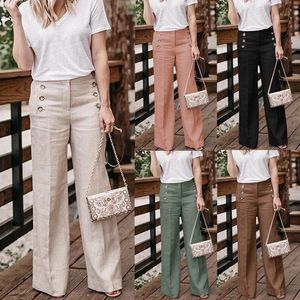 Plus Size 3XL 2019 Summer New Hot Cotton Linen Women Wide Legs Pants Solid Casual High Waist Button Trousers Female Loose Pants T200104