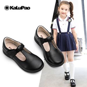 Kalupao 2019 Spring Children Leather Girl Shoe Fashion T-Strap White Girls Dress Shoesソフトアウトソールブラックスクールシューズ