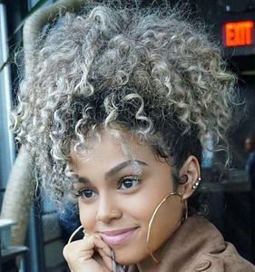 Grey Hair Drawstring Ponytail Kinky Curly Afro Clip on Updo Chignon Bun Hair Piece Extensions for African American Women Medium Size Gray