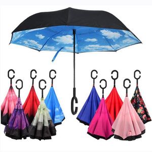 Wholesale C-Hand Reverse Umbrellas Windproof Reverse Double Layer Inverted Umbrella Inside Out Self Stand Windproof Umbrella 40 styles EEA1680