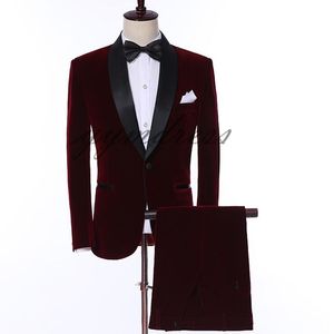 Burgundy velvet Mens Tuxedo Grooms Suit Black Notched Lapel One Button prom suits Best Man Blazer ( Jacket+Pants+Bow)