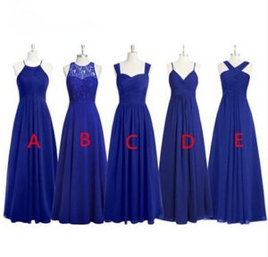 Zarif Kraliyet Mavi Şifon Gelinlik Modelleri Jewel Kolsuz Düğün Konuk Elbise Sheer Geri Fermuar 5 Stilleri Resmi Hizmetçi Onur Elbisesi