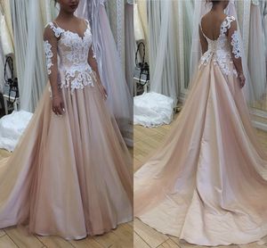 Elfenben champagne plus storlek nya bröllopsklänningar A-line 2019 Nigerian Lace Scoop Party Gowns med ärmar Bröllop mottagning klänning billigt