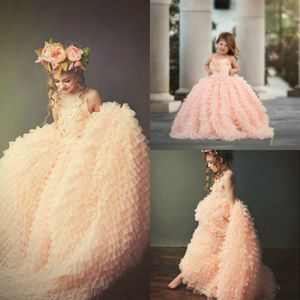 Rosa 2020 Princesa Floristas Vestidos para casamentos Crianças Formal Wear 3D Floral Appliqued Moda Pageant Tulle Vestidos