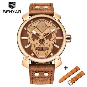 Benyar New Creative Blue Skull Watch Mens Watchesセット高級ファッションレザークォーツリストウォッチクロックメン