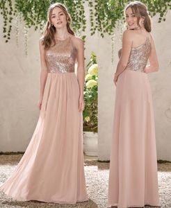 A-line Rose Gold Searsin Top Long Chifon Beach Druhna Sukienki kantarki Backless Rufls Blush Pink Maid of Honor Suknie DH5005