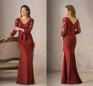 Duplo V-neck Dark Red Trumpet Mãe da noiva vestidos de renda ilusão manga comprida Backless partido do convidado do casamento vestido de noite vestidos formais