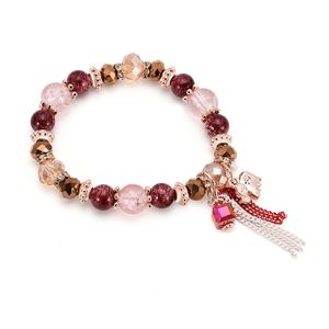 Beautful Womens Gift Pink Crystal Silver Metal Animal Charm Beads Strands Bracelet With Colorful Tassel