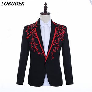 Men's Applique Design Formal Suit Jacket Black-red Floral Blazers Male Singer Chorus Host Wedding Groom Dress Slim Coat Bar Costume Plus Size S-3XL
