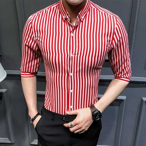 marca 2020 Tops Moda Masculina Verão puro algodão camisa meio manga Negócios / listras lapela de alta qualidade Men Casual camisas S-5XL