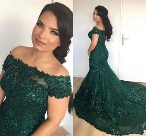 Elegant mörkgrön 2019 sjöjungfru aftonklänningar från axel prom klänning långt svep tåg paljettfest klänningar anpassade