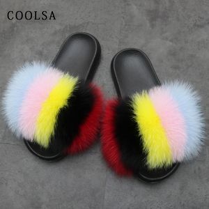 2022 mode couleurs mélangées pantoufles femmes arc-en-ciel chaussures fourrure diapositives moelleux doux maison pantoufles femme mignon floue fourrure tongs