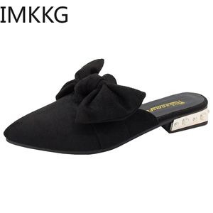 Women Slippers Flock Bowtie Female Mules Fashion Low Heels Shoes Pointed Toe Ladies Plus Size Elegant Woman Slipper Q00220