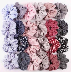 Kvinnor Tjej Scrunchie Stripe Dot Plaid Gingham Elastisk Headband Hair Tie Tillbehör Ponytailhållare Hårbanan Scrunchy Headwear 50pcs 1203a