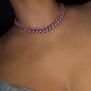 Розовая девушка Женщины Ювелирные Изделия Микро Pave Pink CZ Miami Cuban Link Цепочка Choker Ожерелье Женский Хип Хоп Ювелирные Изделия Мода