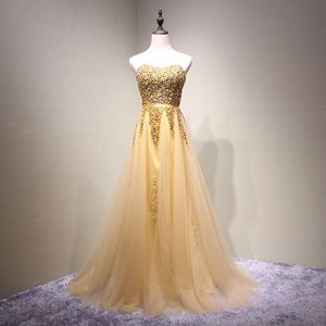 Verbluffende gouden avondjurk lange prom-jurken strapless veter terug major beading pailletten runway jurken echte foto's