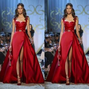 Elie Saab Red aラインイブニングドレスハイサイドスプリットスパゲッティストラップフロアレッドカーペット滑走路ドレスフォーマルイブニングドレスvestidos