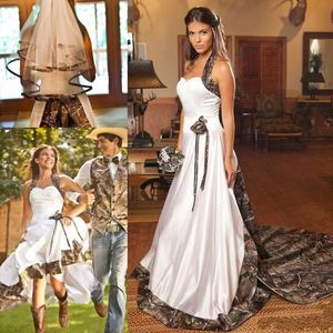 Country Vintage Camo White Wedding Dresses Halter Sweep Train Backless A-Line Plus Size Garden Brud Gowns Custom Made Made