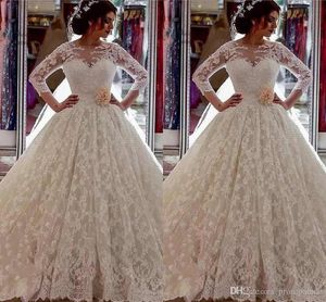 Incrível puro pescoço vestidos de noiva árabes lace apliques de mangas compridas vestidos de nupcial vestido de baile varredura trem vestidos de casamento personalizados