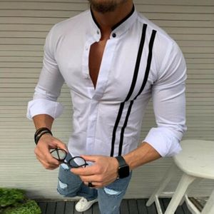 2019 Camicia elegante a righe bianche nere di moda di marca Camicie eleganti casual da uomo Camicie slim fit con bottoni a maniche lunghe