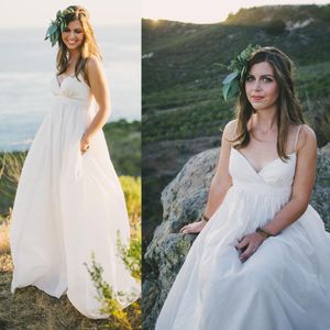 Plaj 2019 Düğün Hamile Elbiseleri Seksi Artı Beden Spagetti Kayışları Boncuklu İnciler Fildişi Tafta Ülke Tarzı İmparatorluk Gelinlikleri