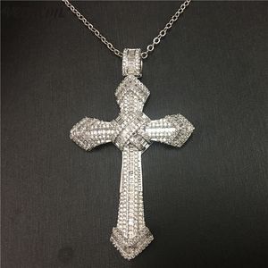 Vecalon Fashion HIPHOP Big Cross pendant 925 Sterling silver Diamond Party Wedding Pendants with necklace for Women Men Jewelry