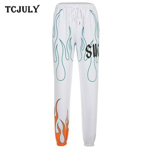 Capris TCJULY Fashionable Flame Letter Printed Harem Pants High Waisted Drawstring Joggers Trousers Women Streetwear Casual White Pants