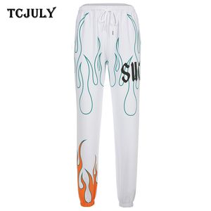 Capris TCJULY Pantaloni stile harem stampati con lettera di fiamma alla moda Pantaloni da jogging con coulisse a vita alta Pantaloni da donna Streetwear Pantaloni bianchi casual