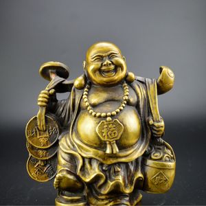 Kinesiska Fengshui Produkter Skratta Buddha Maitreya Figur Figurin Gud av rikedom Staty Antik mässing Imitation Hantverk för heminredning