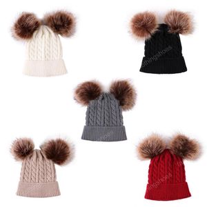 5 cores do bebê de malha Chapéus Duplo Fur bola Pom Pom Gorros torção do crochet Caps Inverno Quente infantil Crianças Meninos Meninas Cap