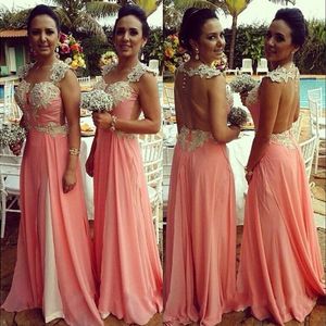 Coral Druhna Sukienki Tanie 2019 Perły Aplikacja Wielopoziomowa Spódnica Maid of Honor Dress Formalna Party Afryki Ślub Gościnna Szyfonowa Szyfonowa