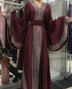 Dubai Abayas Evening Dresses Glitter Sequins Open Front Muslim Prom Klänningar Långärmade Eleganta Formella Klänningar Kväll Wear Fashion 2019
